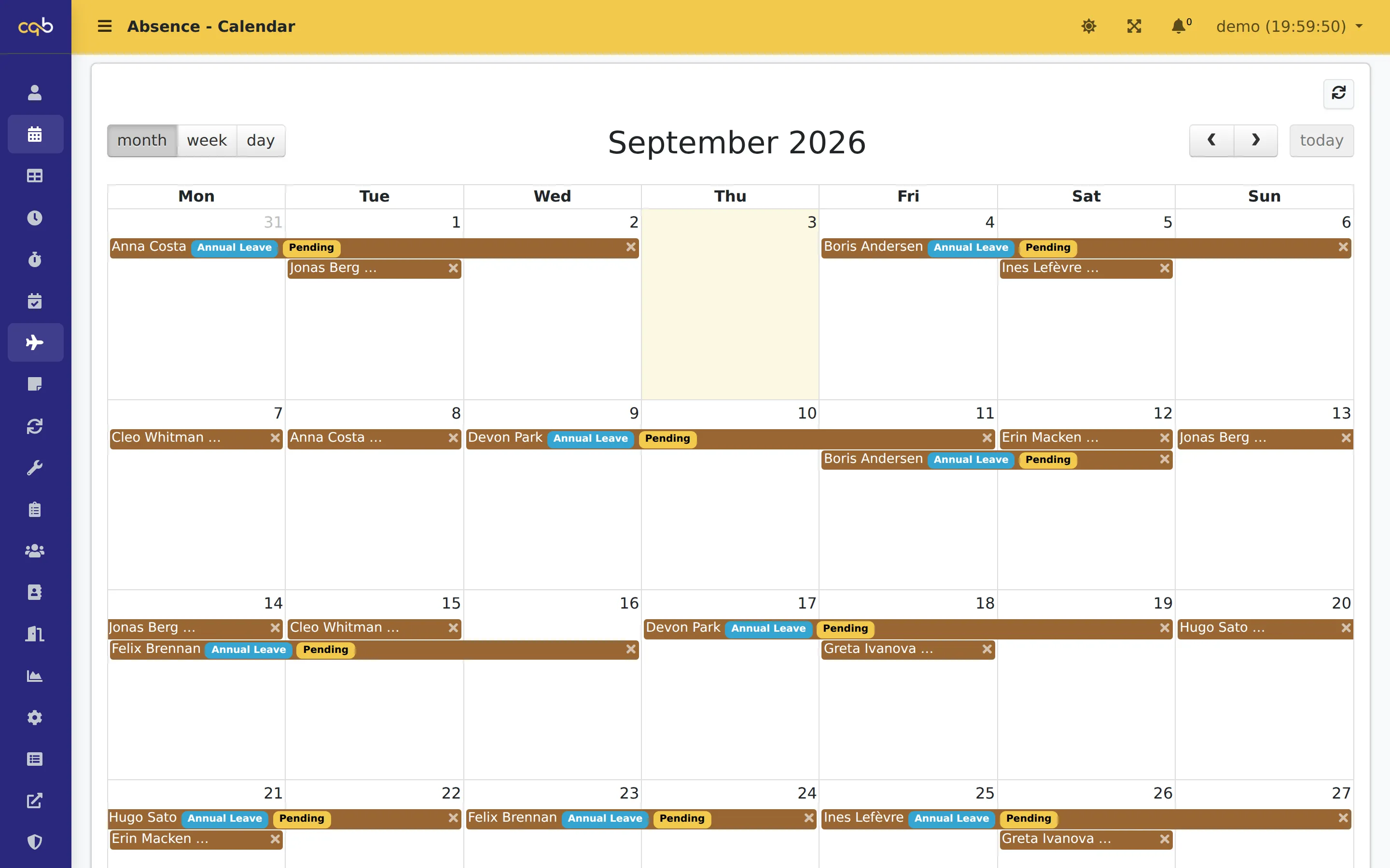 Absence calendar for September with annual-leave blocks across the team