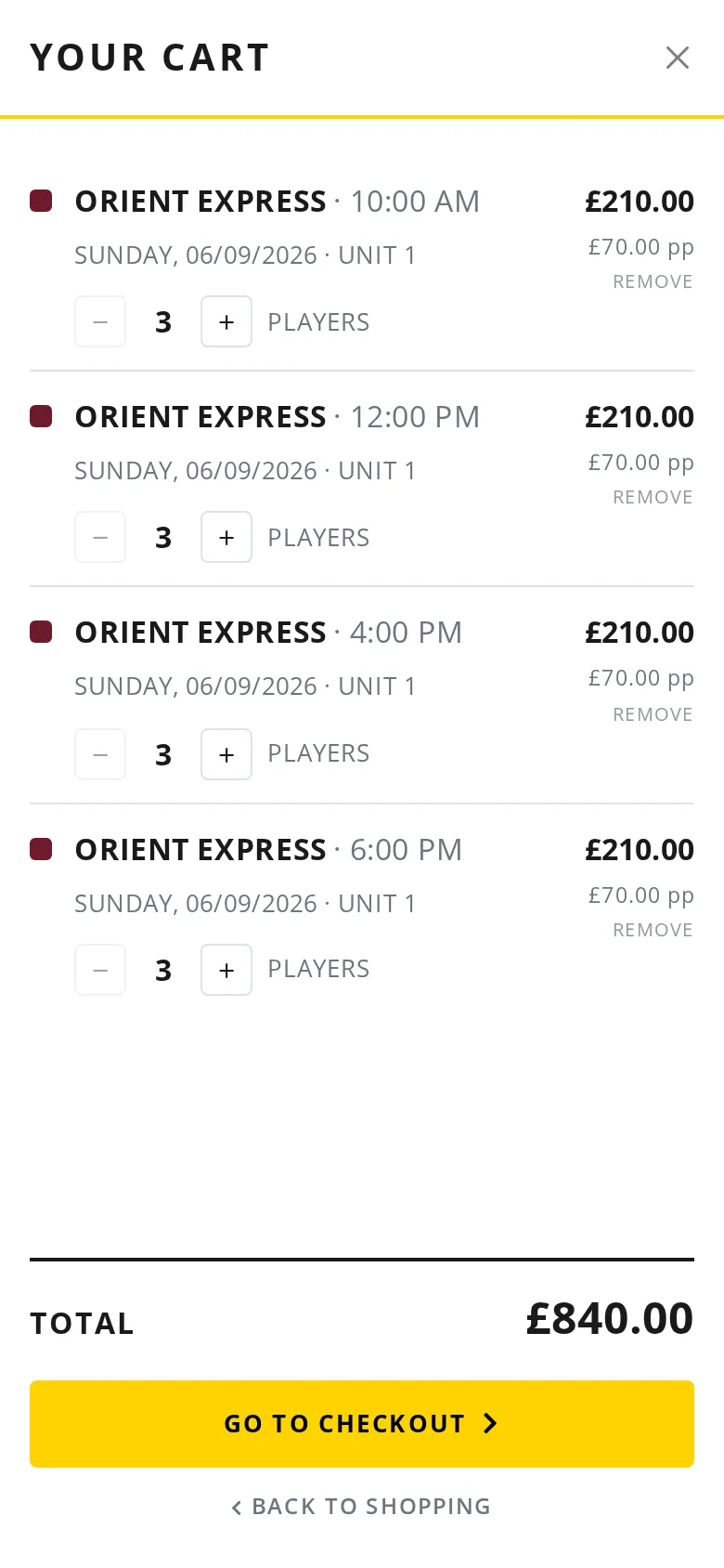 Booking widget on a phone: three sessions in the cart with player counts and prices