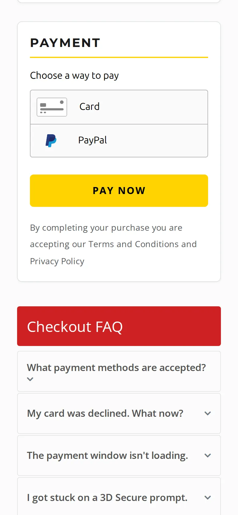 Booking widget on a phone: the payment step with card and PayPal options
