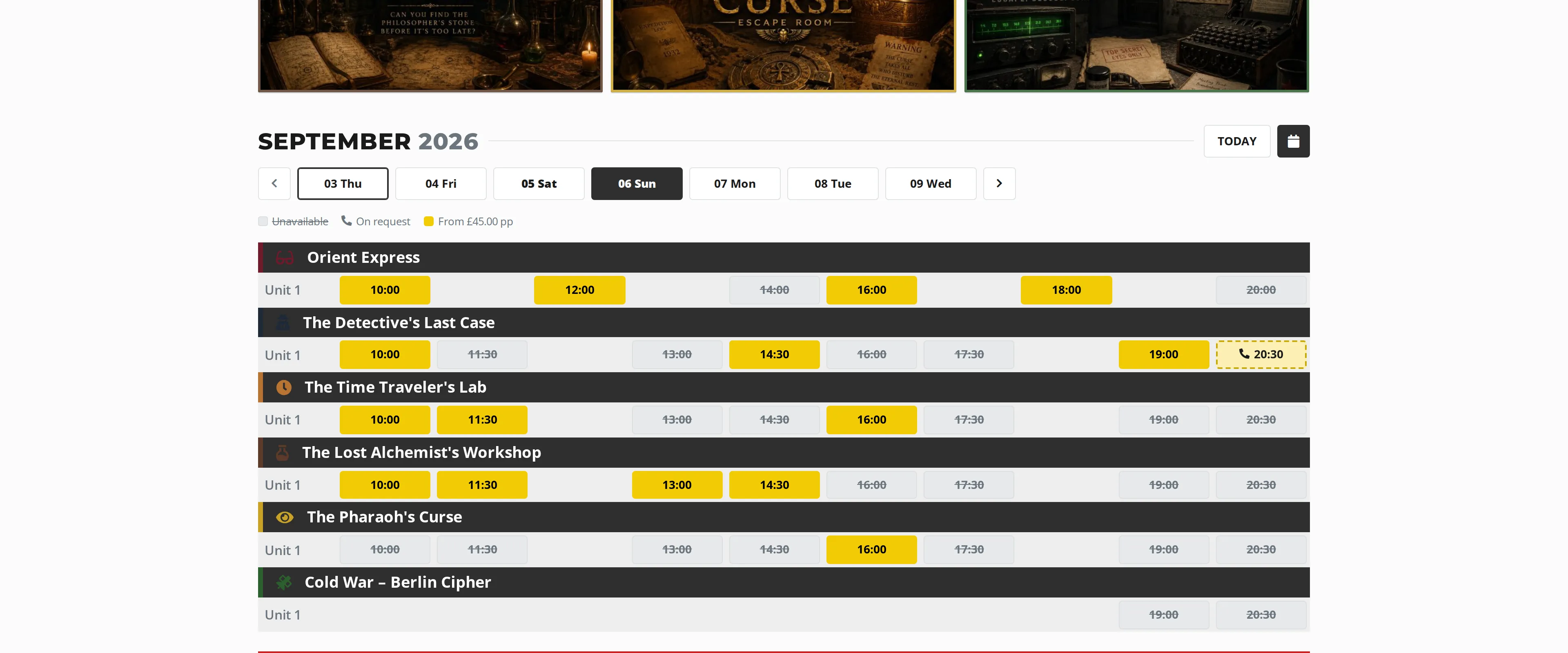 cqbooking booking calendar: every game's timeslots for one day in a single grid, open slots in yellow